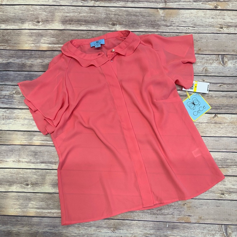 CeCe Women's Ruffled Raglan Split Flutter-Sleeve Blouse Calypso Coral M